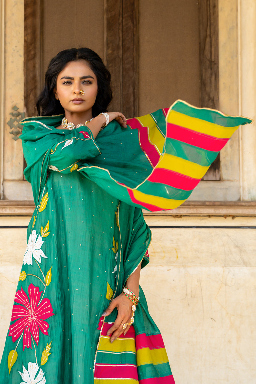 Bottle Green Appliqué Floral A Line Suit Set
