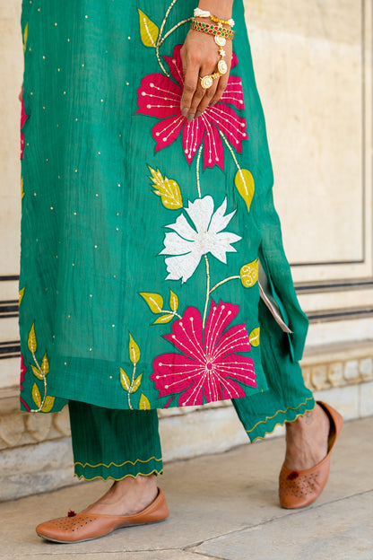 Bottle Green Appliqué Floral A Line Suit Set