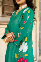 Bottle Green Appliqué Floral A-line Kurta Set