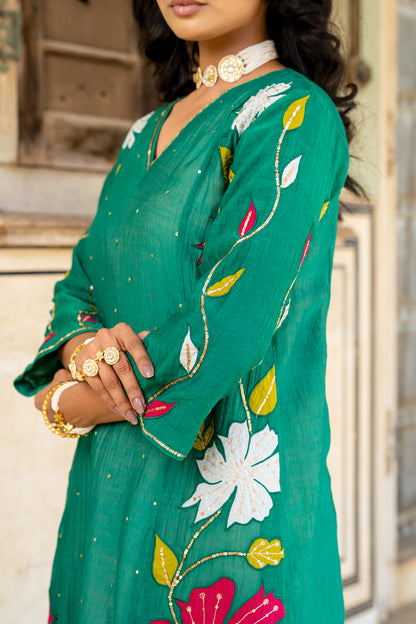 Bottle Green Appliqué Floral A Line Suit Set