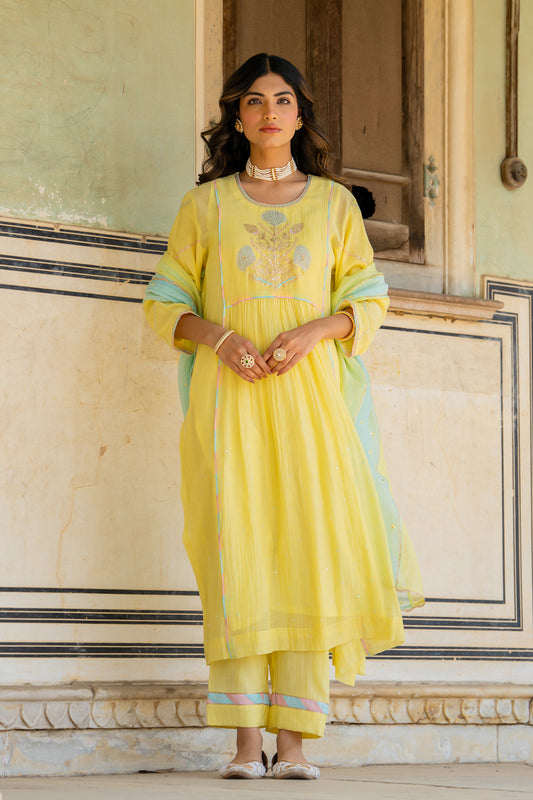 Pastel Yellow Poppy Motif A Line Suit Set