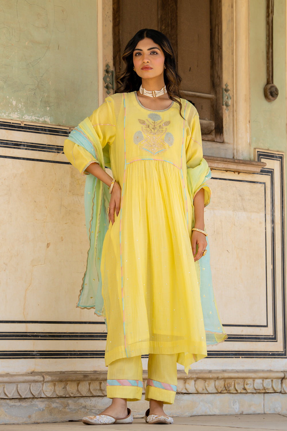 Pastel Yellow Poppy Motif A Line Suit Set