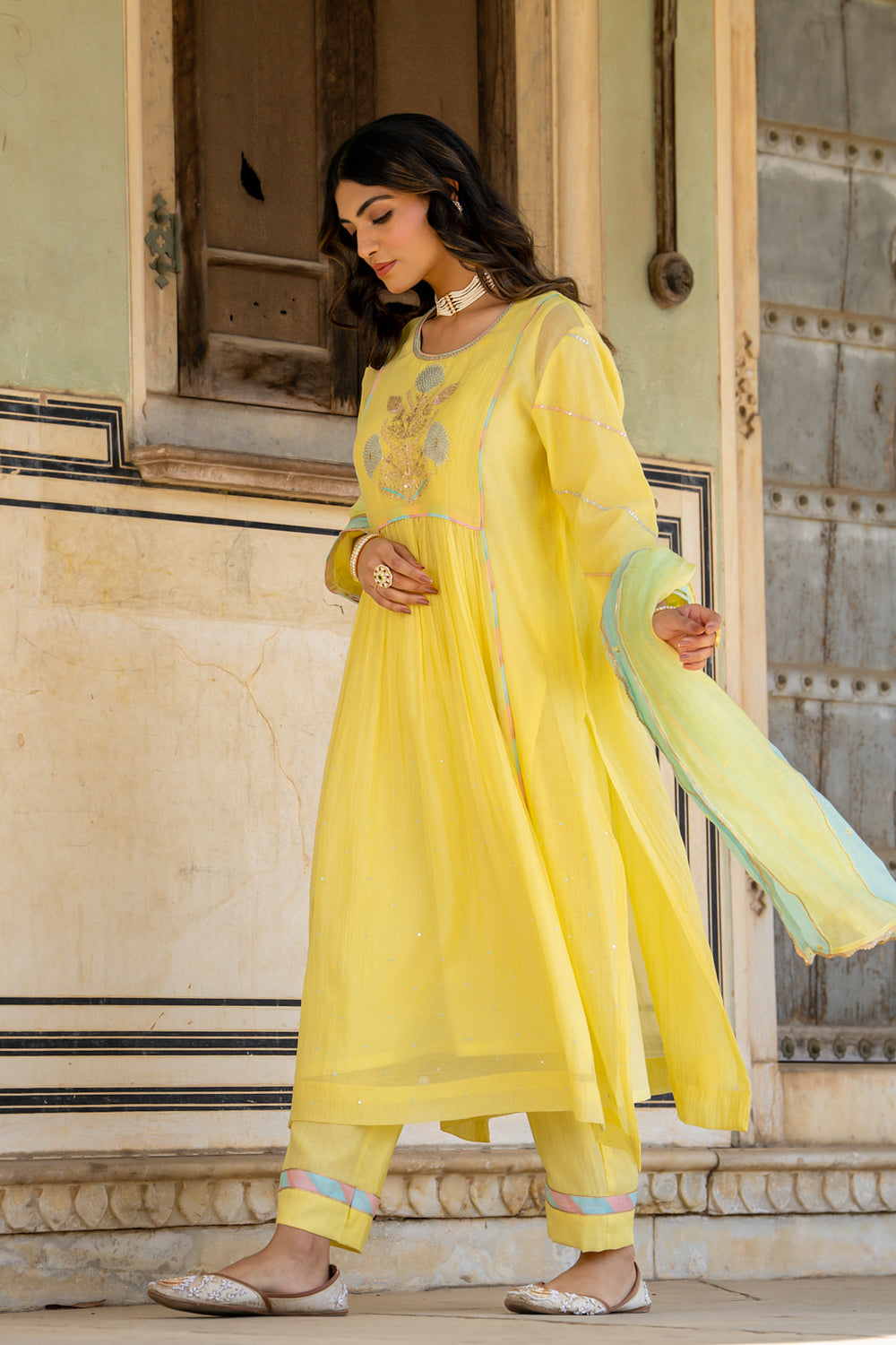 Pastel Yellow Poppy Motif A Line Suit Set