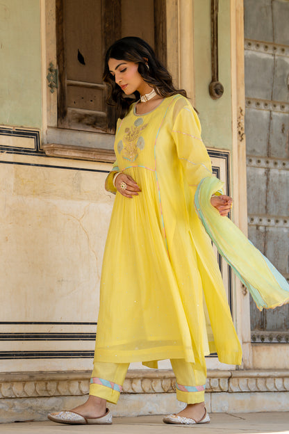 Pastel Yellow Poppy Motif A Line Suit Set