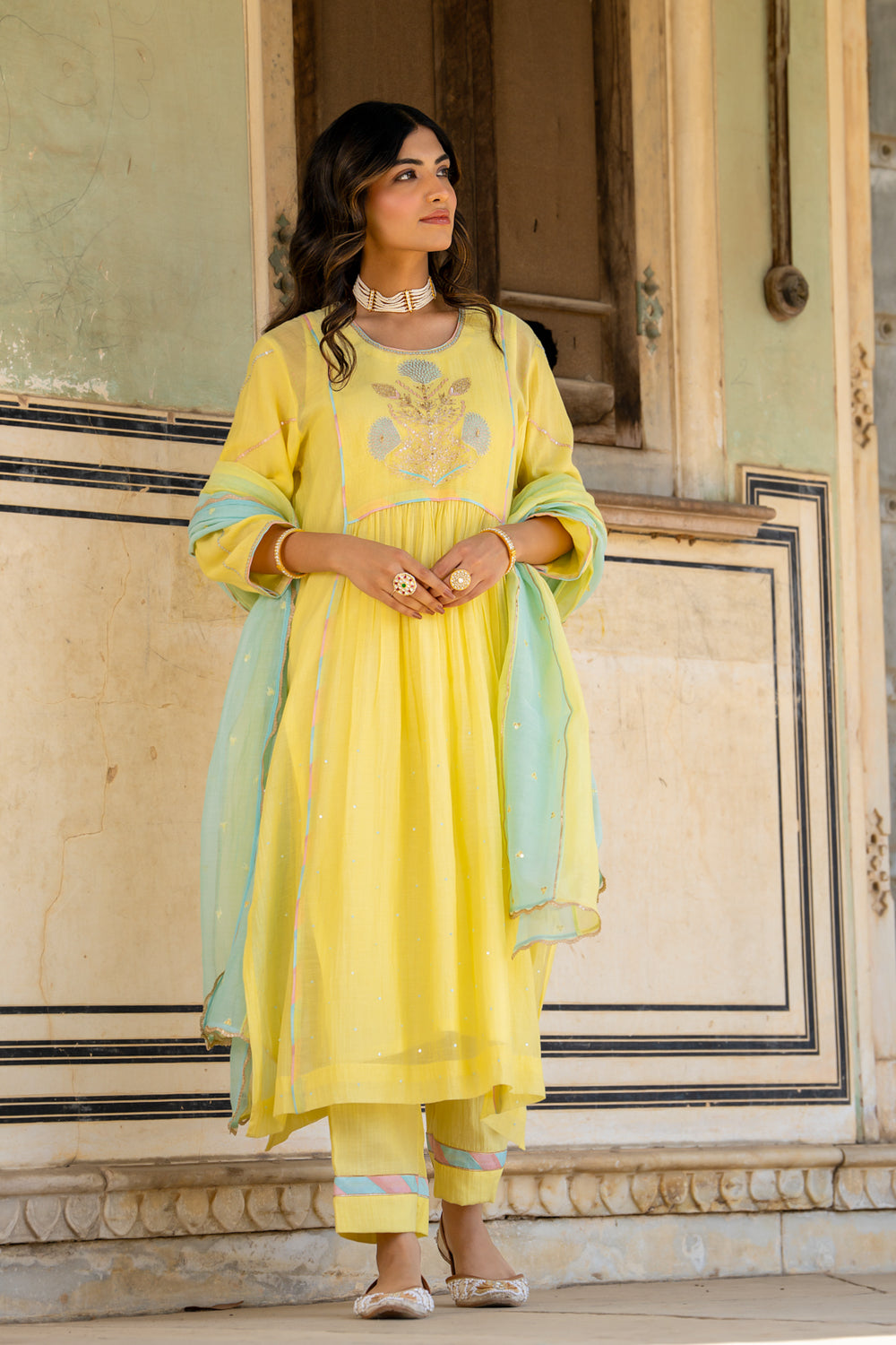 Pastel Yellow Poppy Motif A Line Suit Set