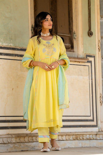 Pastel Yellow Poppy Motif A Line Suit Set