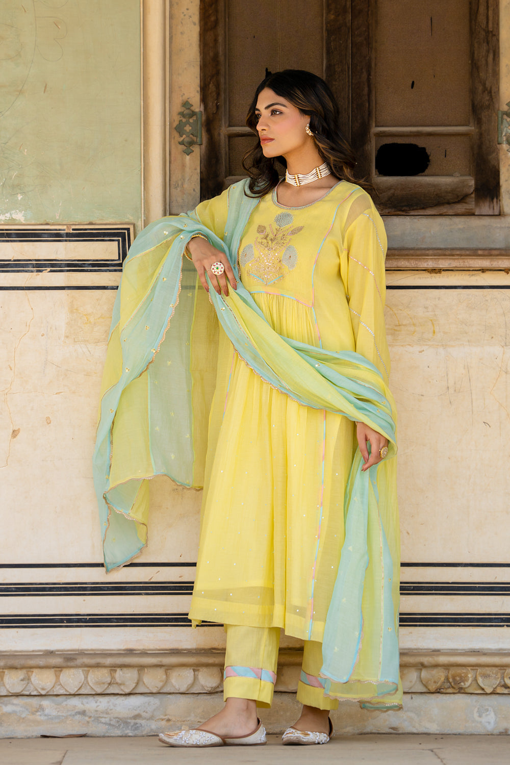 Pastel Yellow Poppy Motif A-line Kurta Set