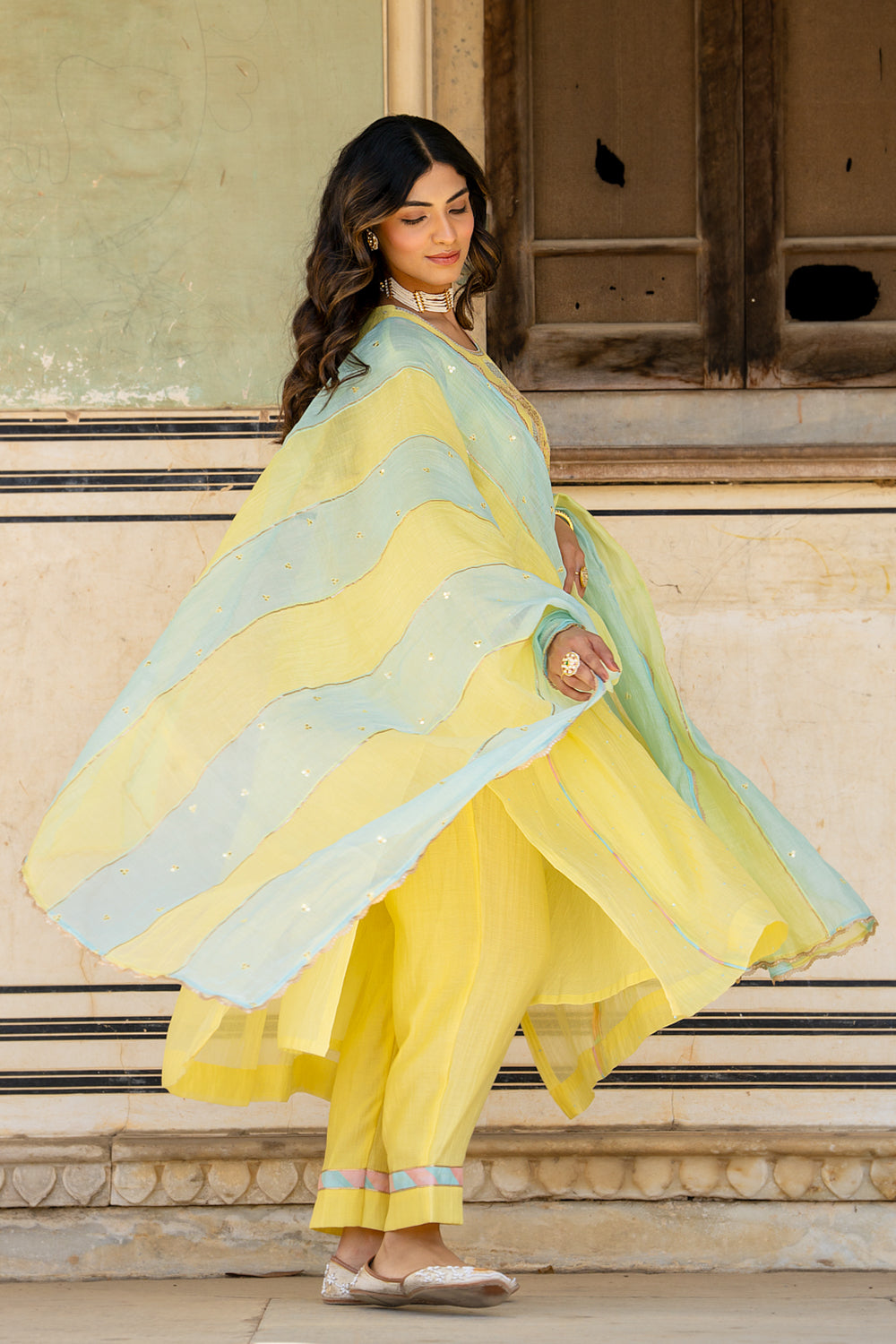 Pastel Yellow Poppy Motif A Line Suit Set