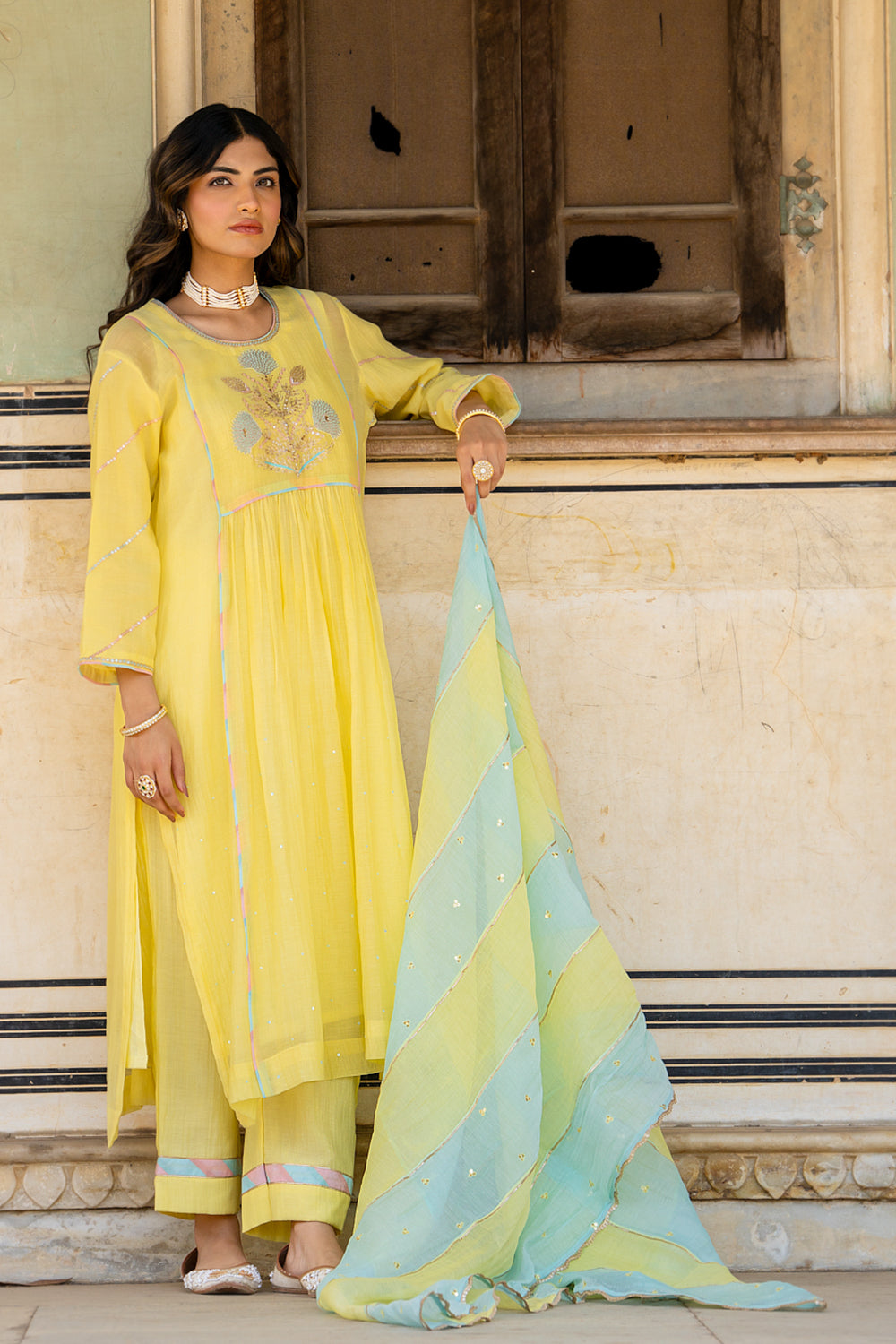 Pastel Yellow Poppy Motif A Line Suit Set