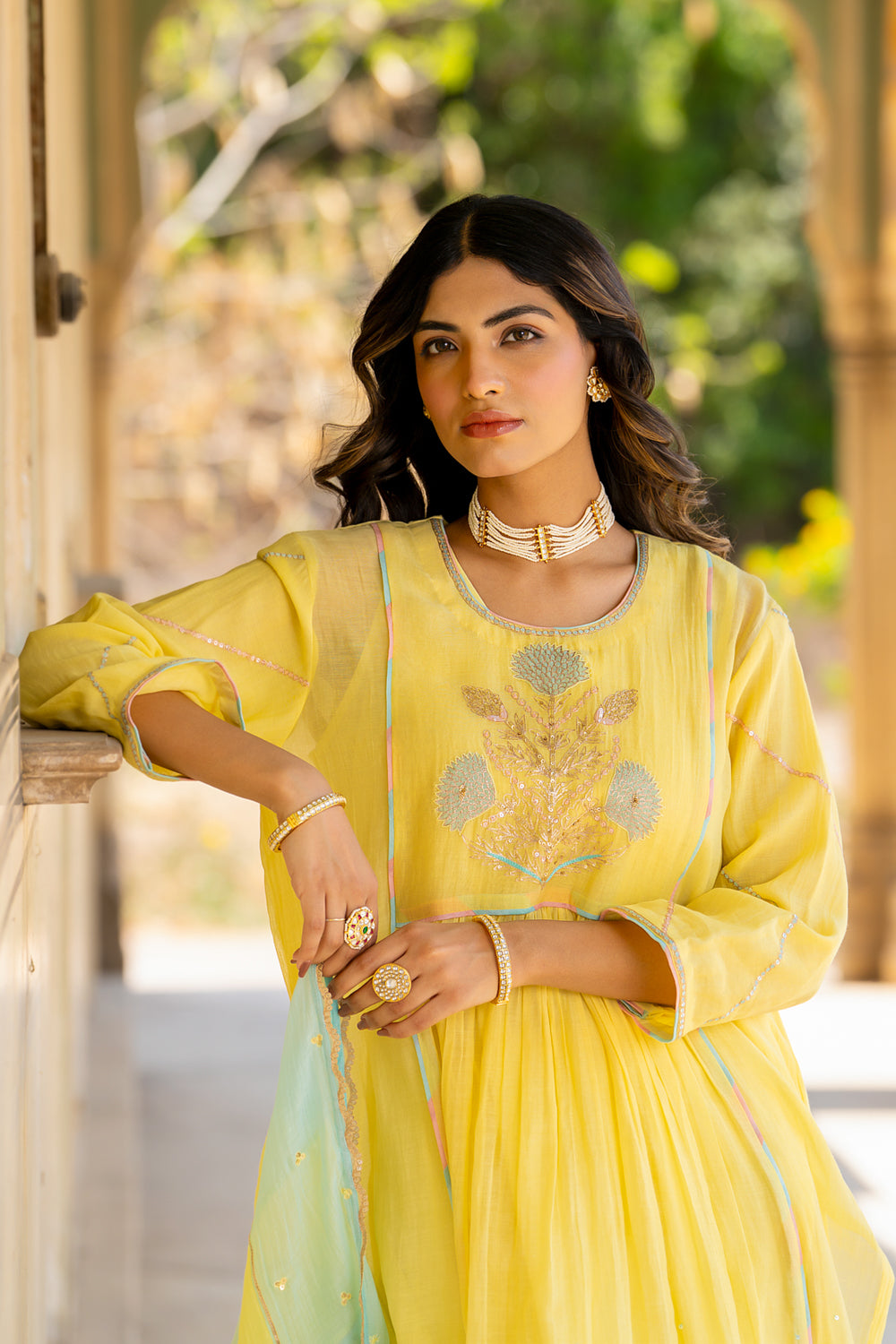 Pastel Yellow Poppy Motif A Line Suit Set