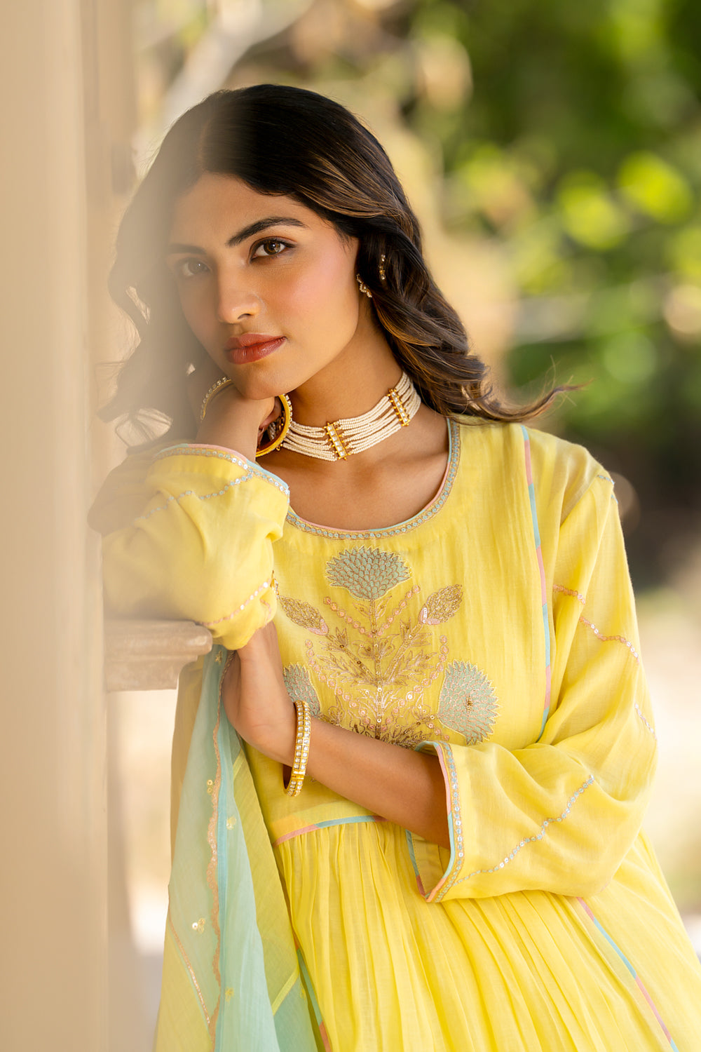 Pastel Yellow Poppy Motif A Line Suit Set