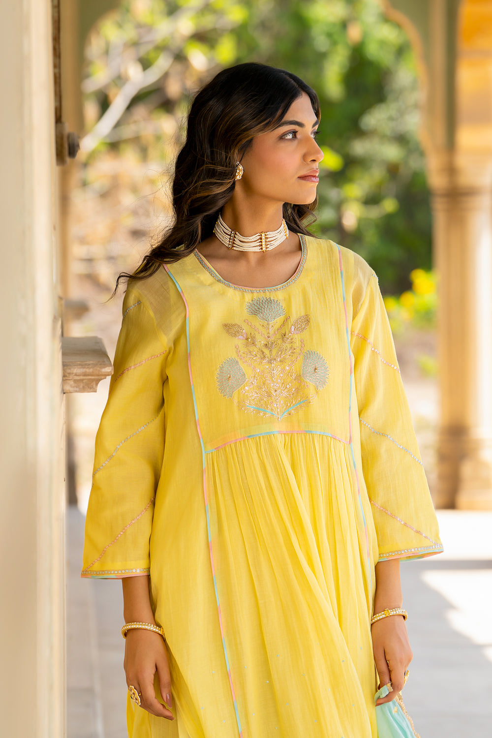 Pastel Yellow Poppy Motif A Line Suit Set
