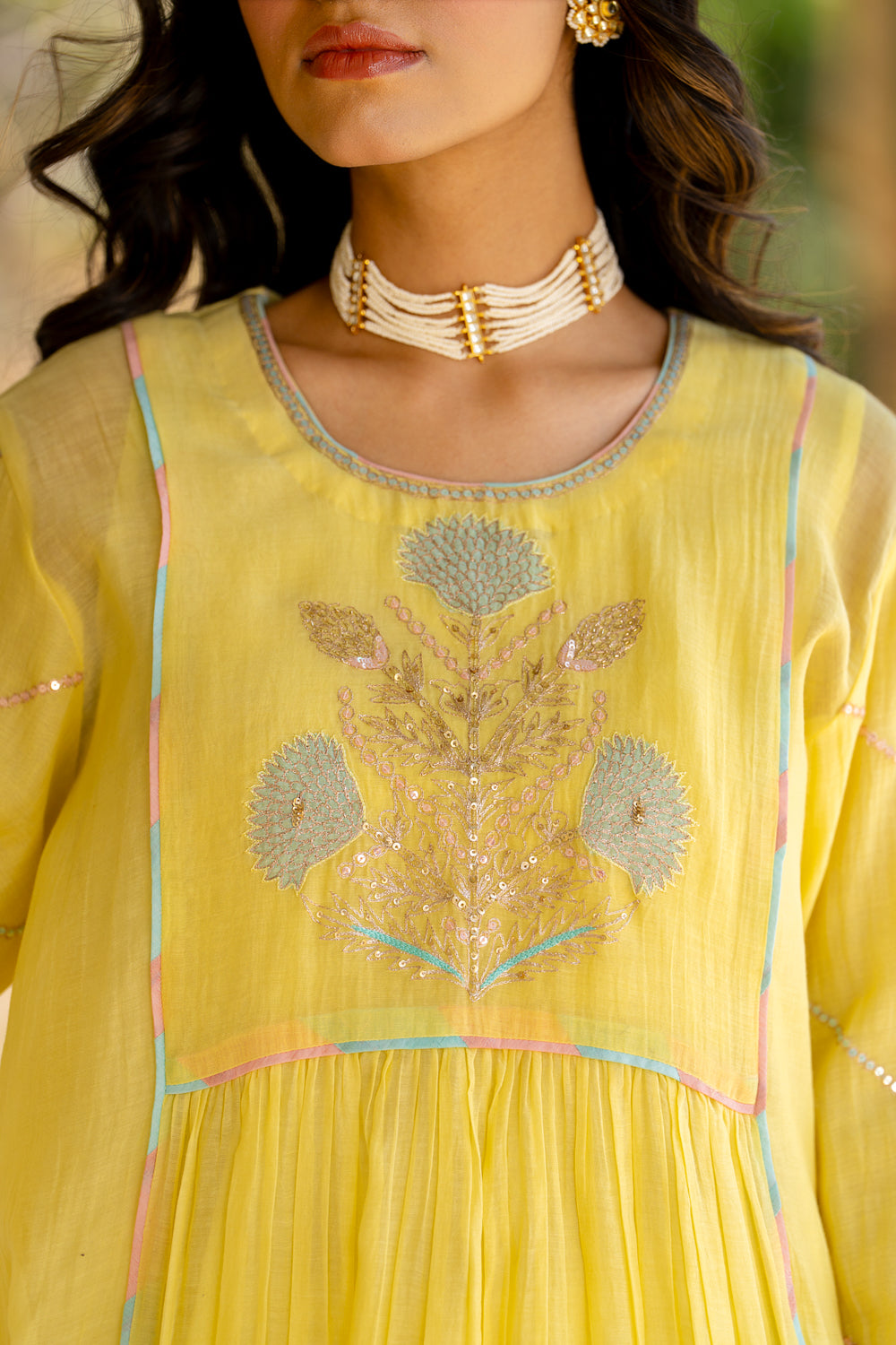 Pastel Yellow Poppy Motif A Line Suit Set