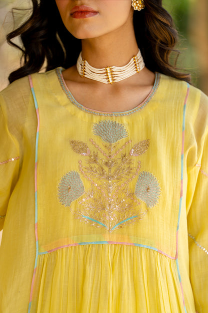 Pastel Yellow Poppy Motif A Line Suit Set