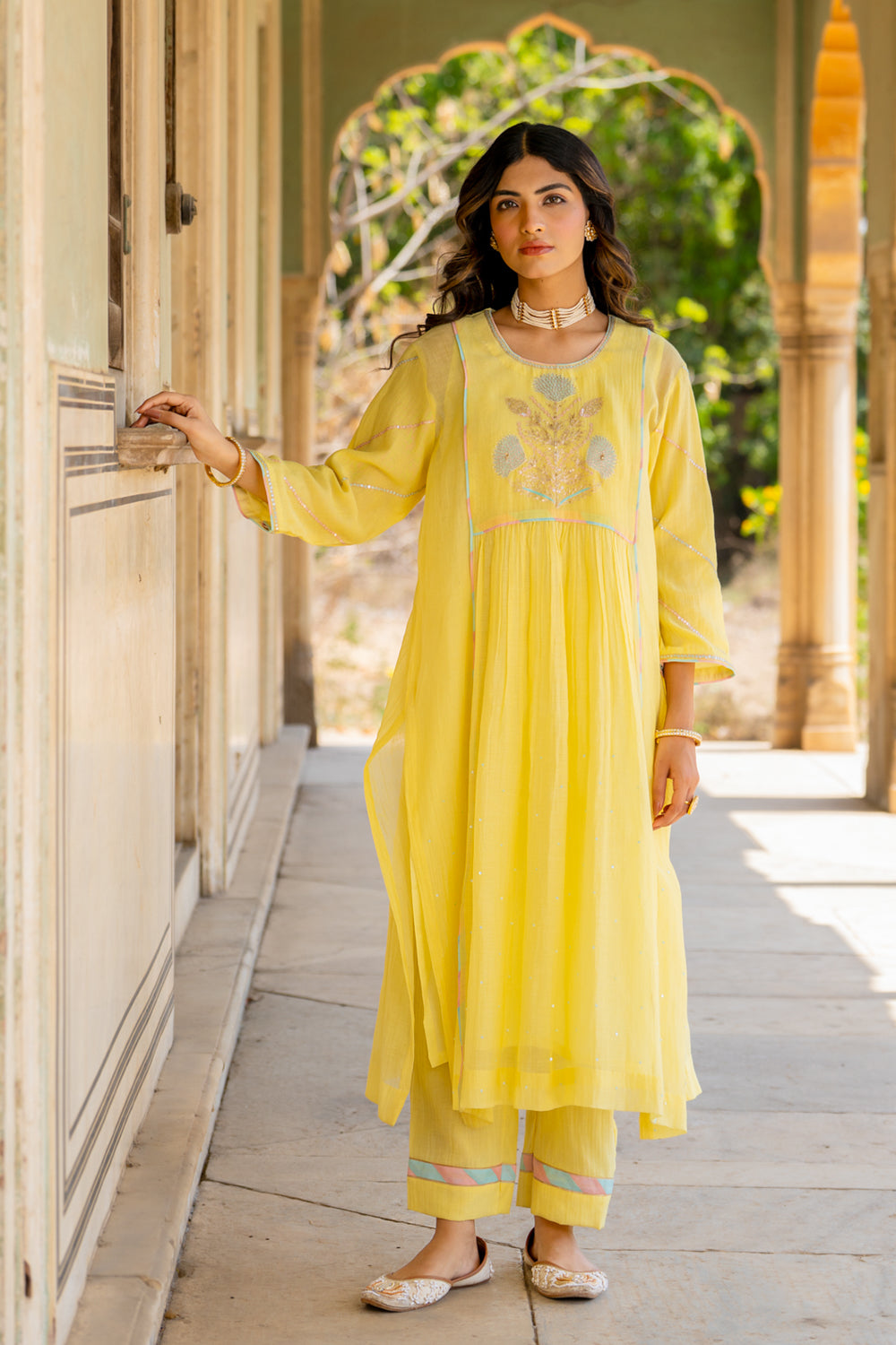 Pastel Yellow Poppy Motif A Line Suit Set