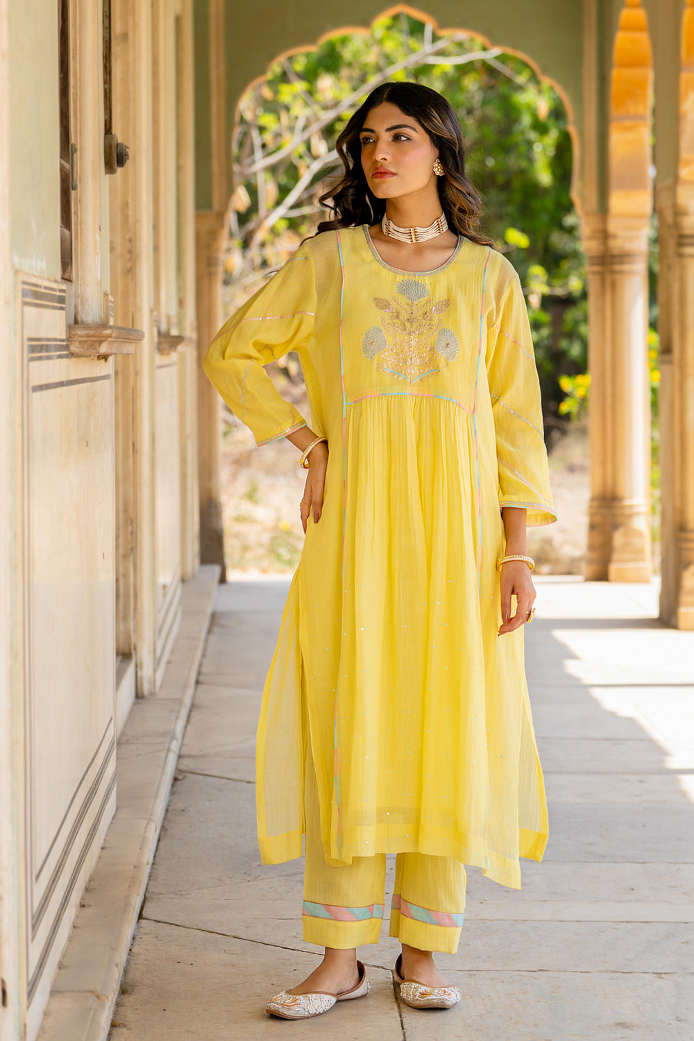 Pastel Yellow Poppy Motif A-line Kurta Set