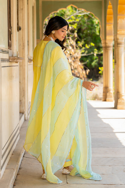 Pastel Yellow Poppy Motif A Line Suit Set