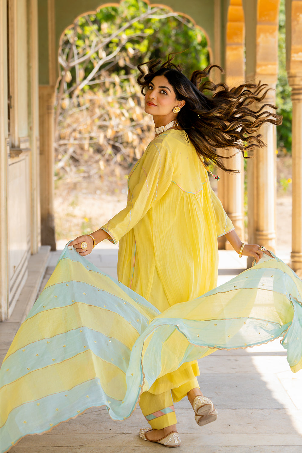 Pastel Yellow Poppy Motif A Line Suit Set