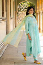 Pastel Blue Poppy Motif Boota A-line Kurta Set
