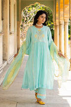 Pastel Blue Poppy Motif Boota A-line Kurta Set