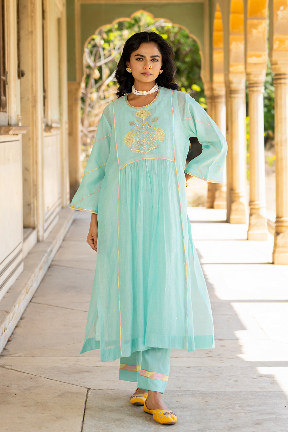 Pastel Blue Poppy Motif Boota A-line Kurta Set