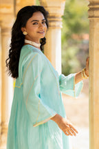 Pastel Blue Poppy Motif Boota A-line Kurta Set