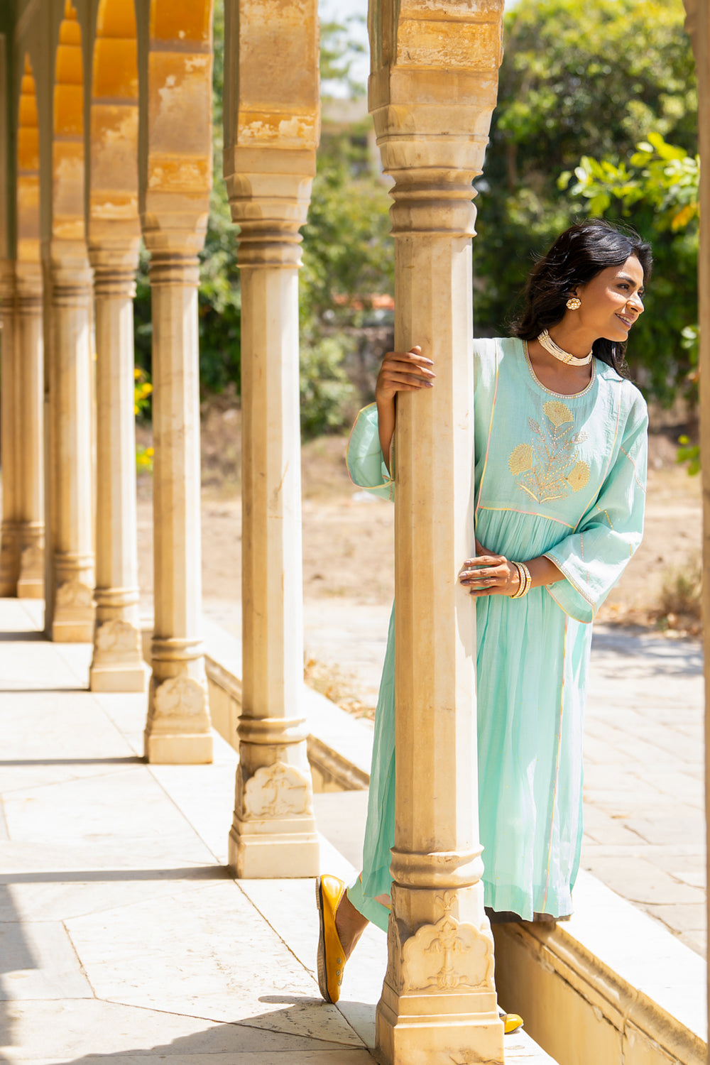 Pastel Blue Poppy Motif Boota A-line Kurta Set