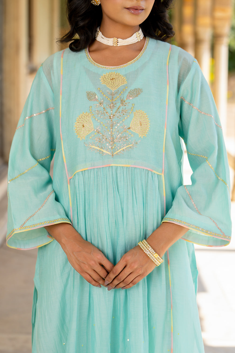 Pastel Blue Poppy Motif Boota A-line Kurta Set