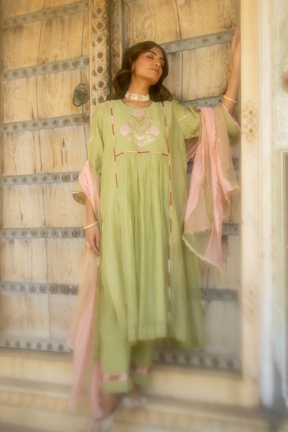 Mint Poppy Motif A-line Kurta Set