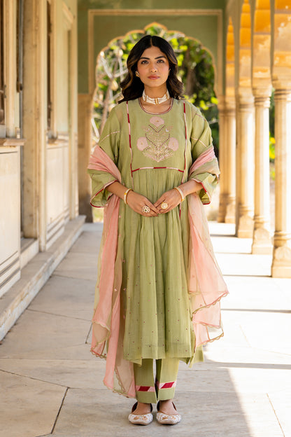 Mint Poppy Motif A Line Suit Set