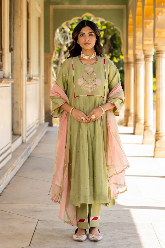 Mint Poppy Motif A Line Suit Set