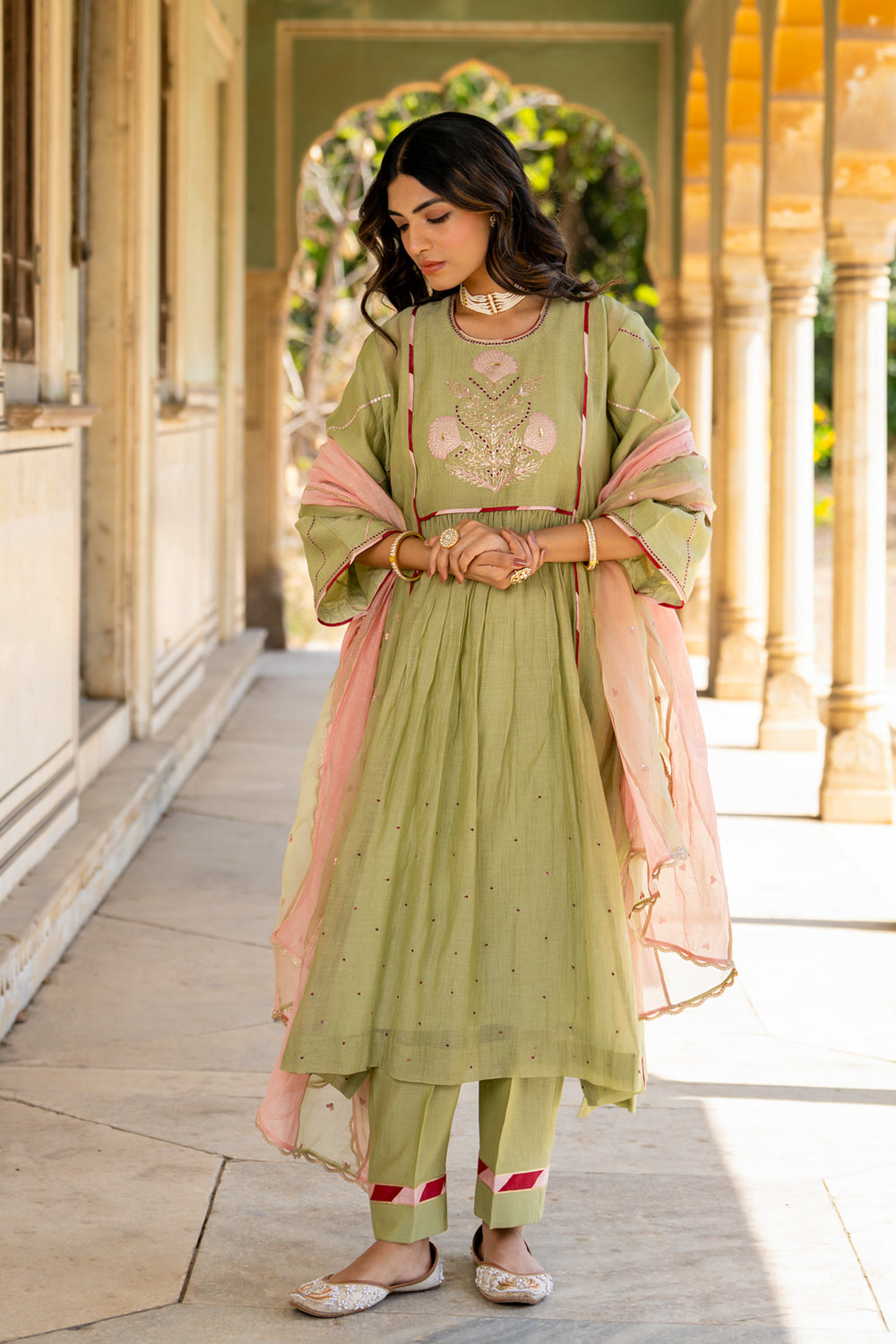 Mint Poppy Motif A Line Suit Set