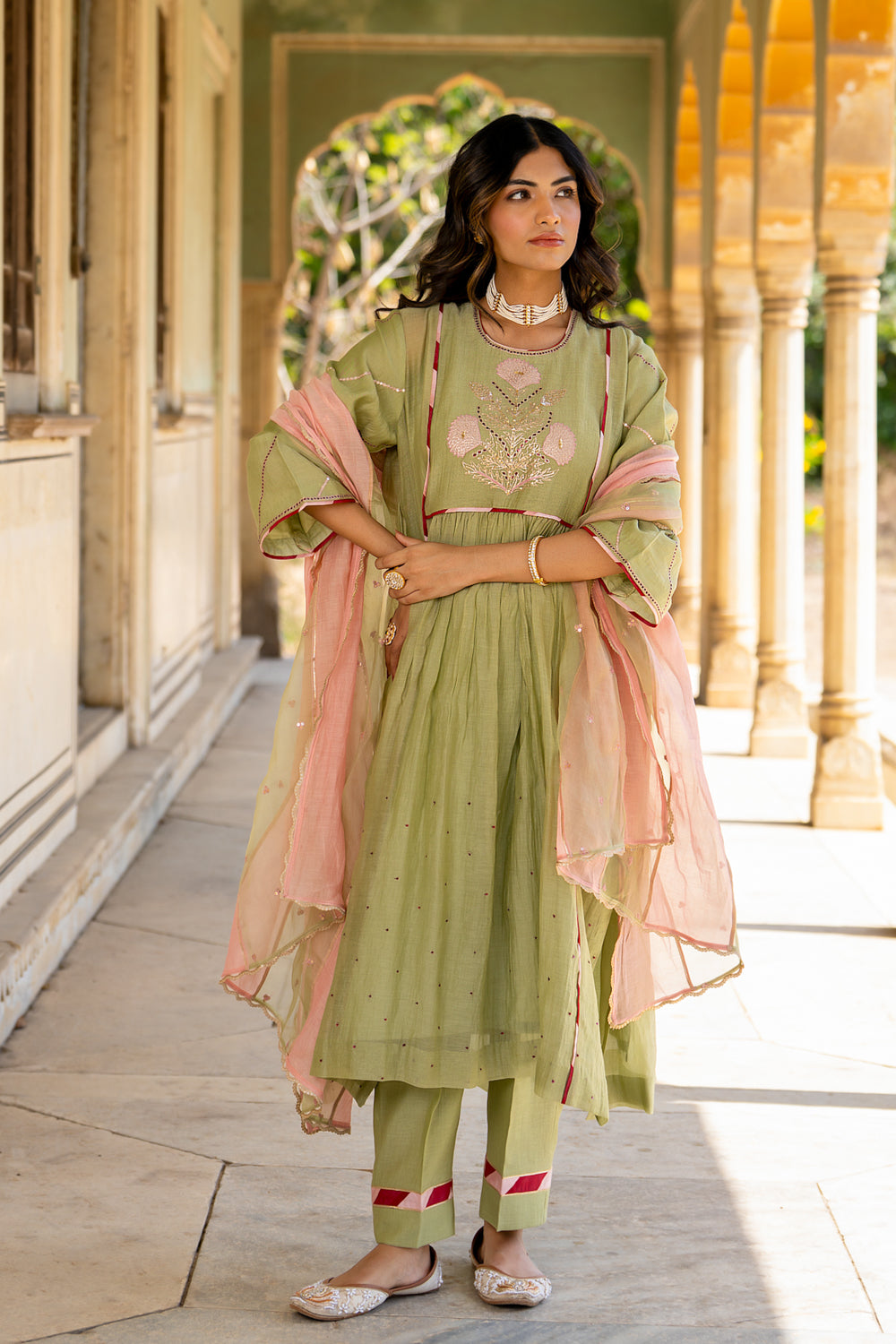 Mint Poppy Motif A Line Suit Set