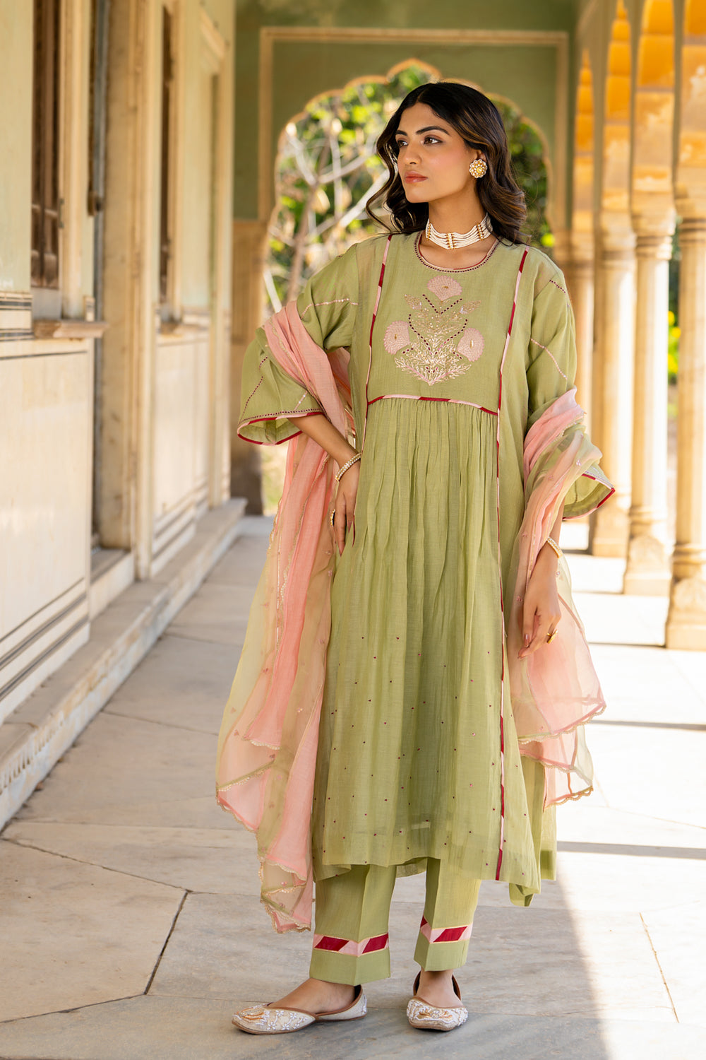 Mint Poppy Motif A-line Kurta Set