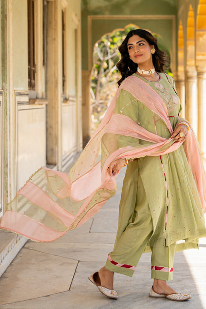 Mint Poppy Motif A Line Suit Set