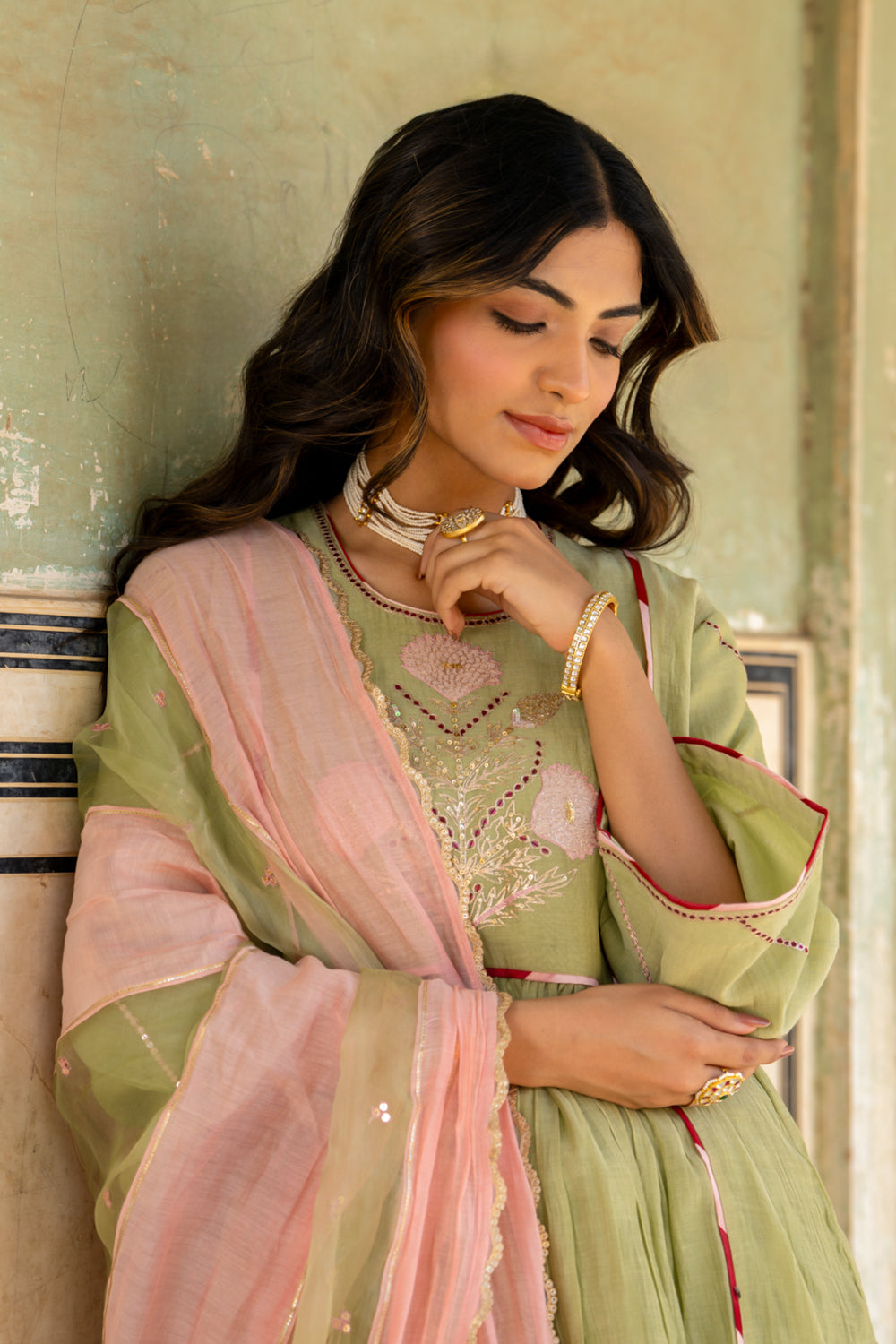 Mint Poppy Motif A Line Suit Set