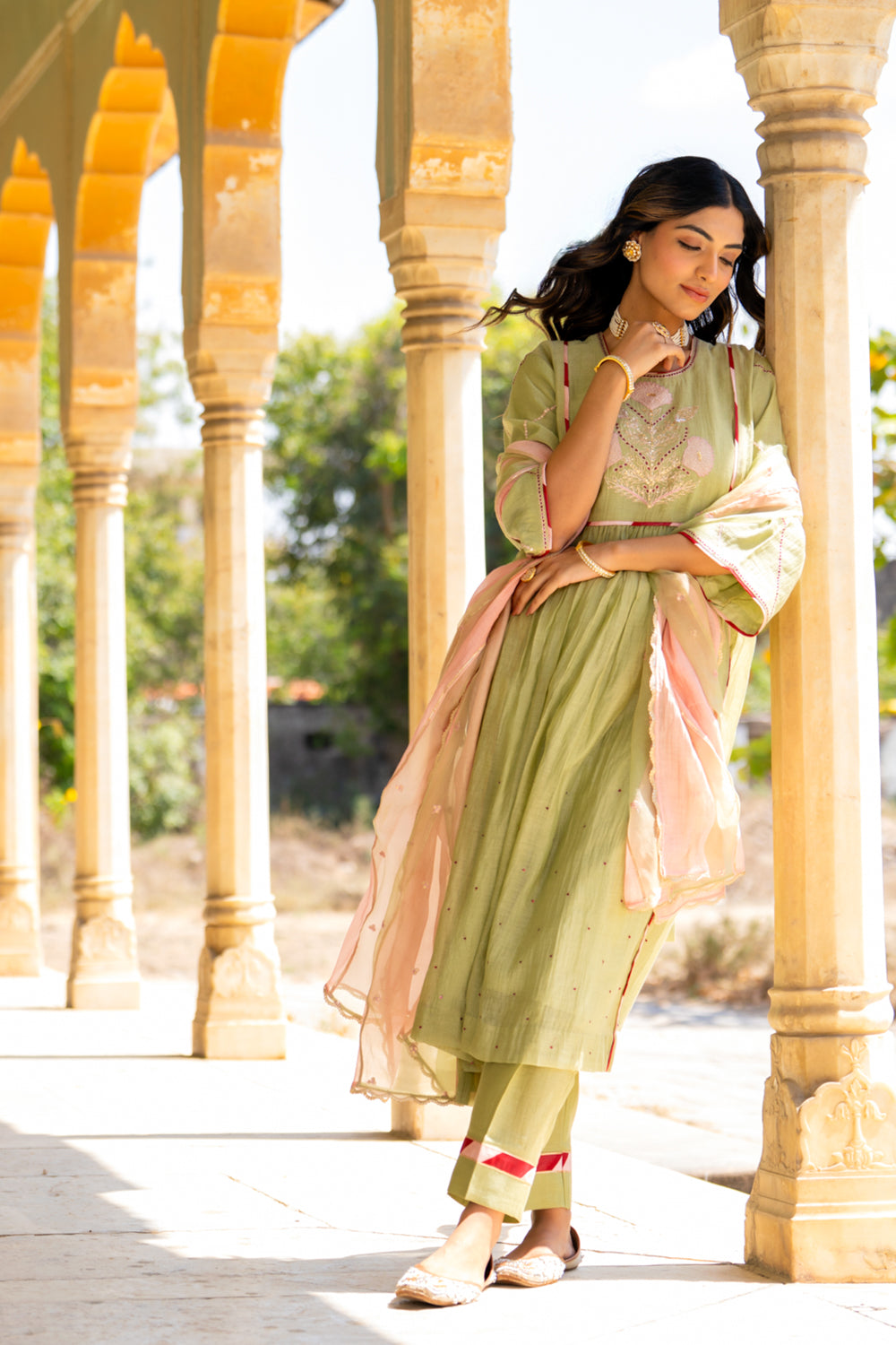 Mint Poppy Motif A-line Kurta Set