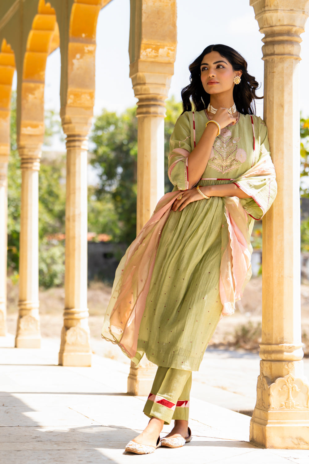 Mint Poppy Motif A-line Kurta Set