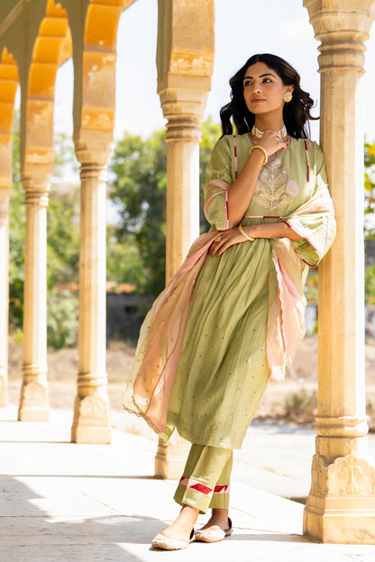 Mint Poppy Motif A Line Suit Set
