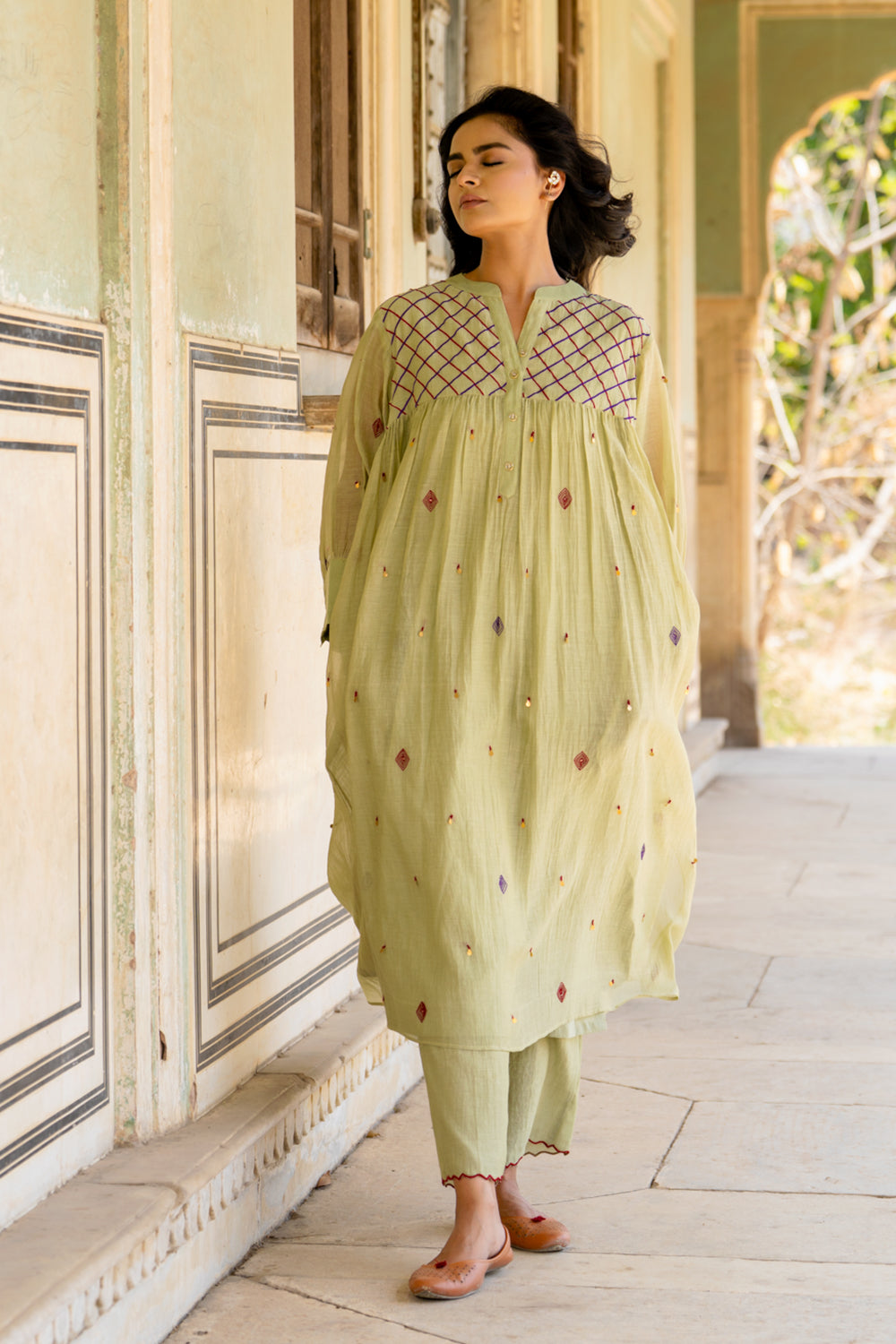 Pastel Green Gathered Dress Set