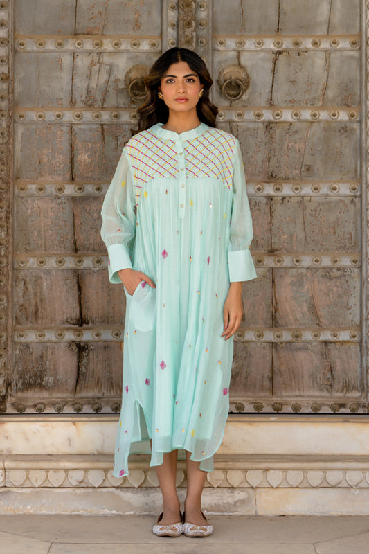 Paste Blue Gathered Dress