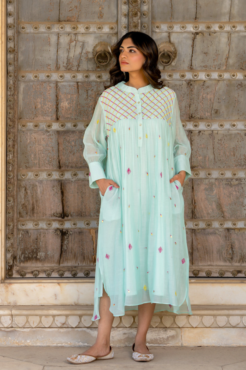 Paste Blue Gathered Dress
