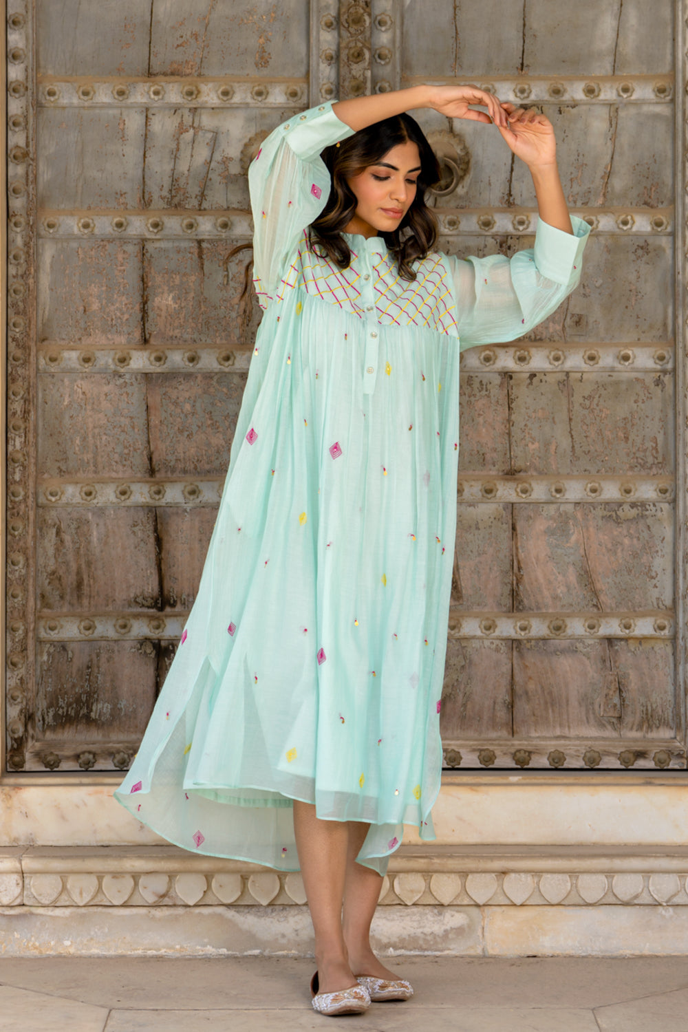 Paste Blue Gathered Dress