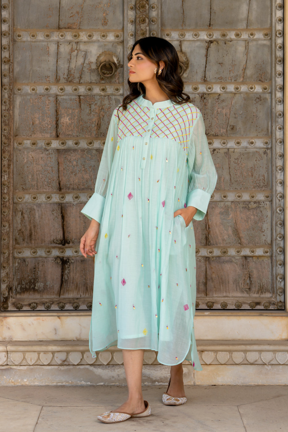 Paste Blue Gathered Dress