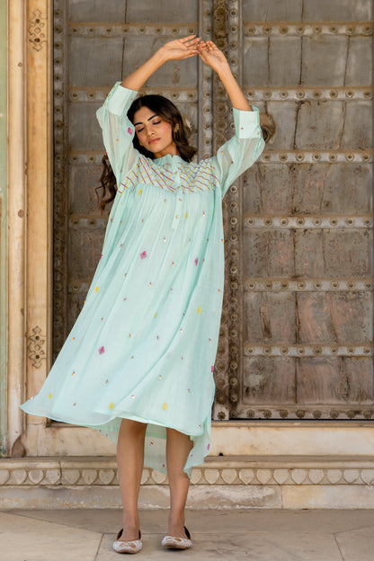 Paste Blue Gathered Dress