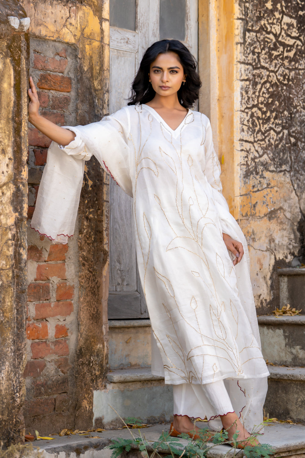 White Sequins A-line Kurta Set
