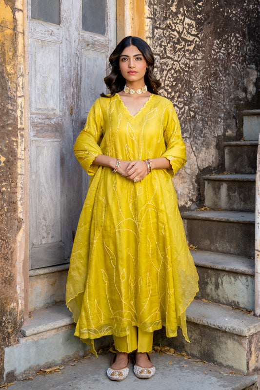 Mustard Sequins A Line Suit Set