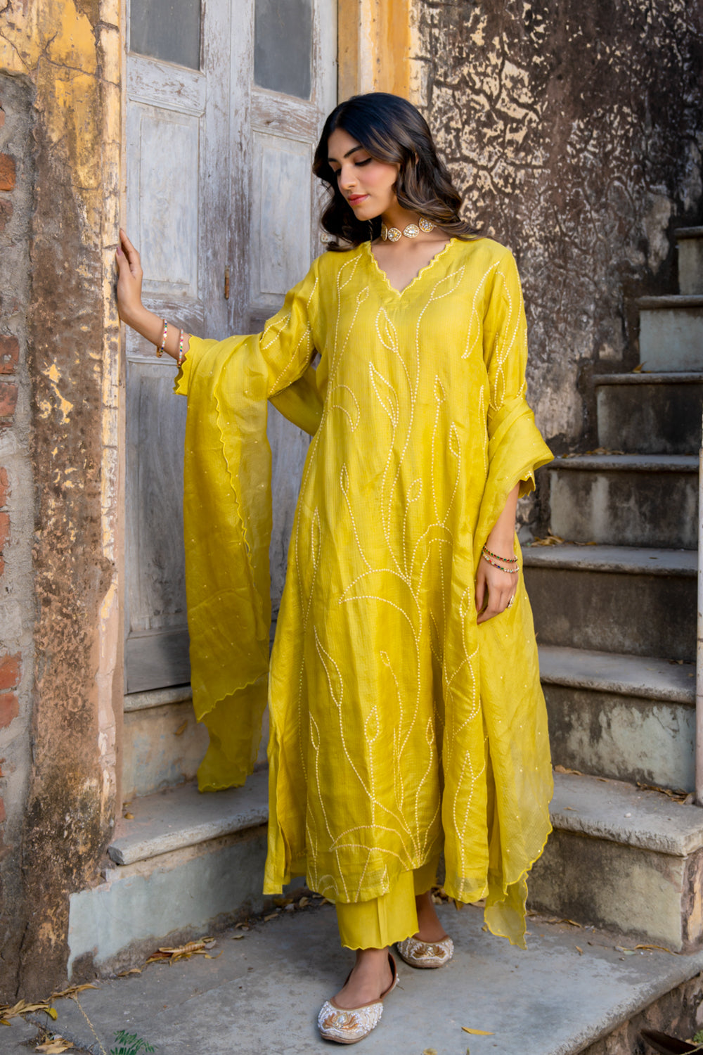 Mustard Sequins A Line Suit Set