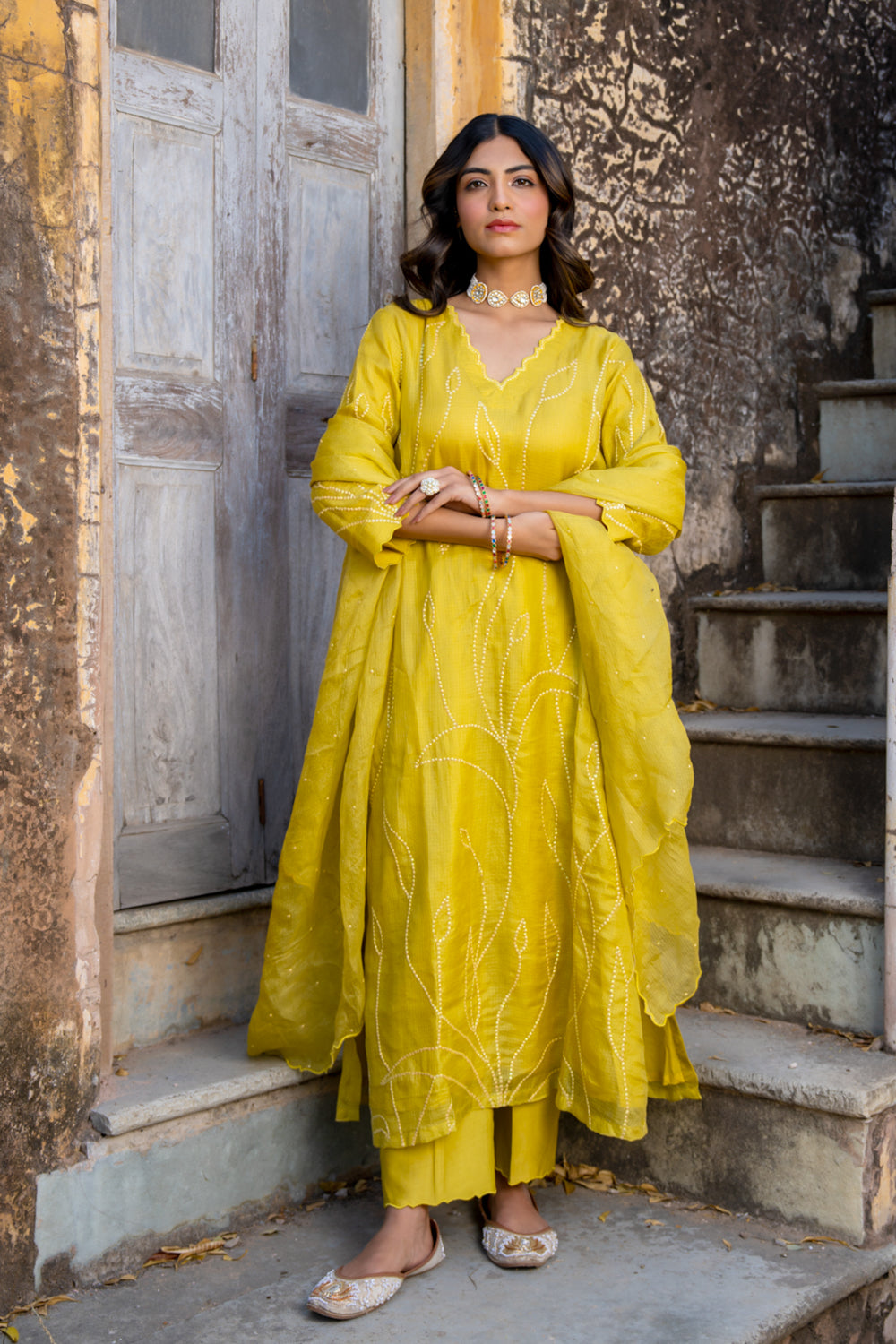 Mustard Sequins A-line Kurta Set