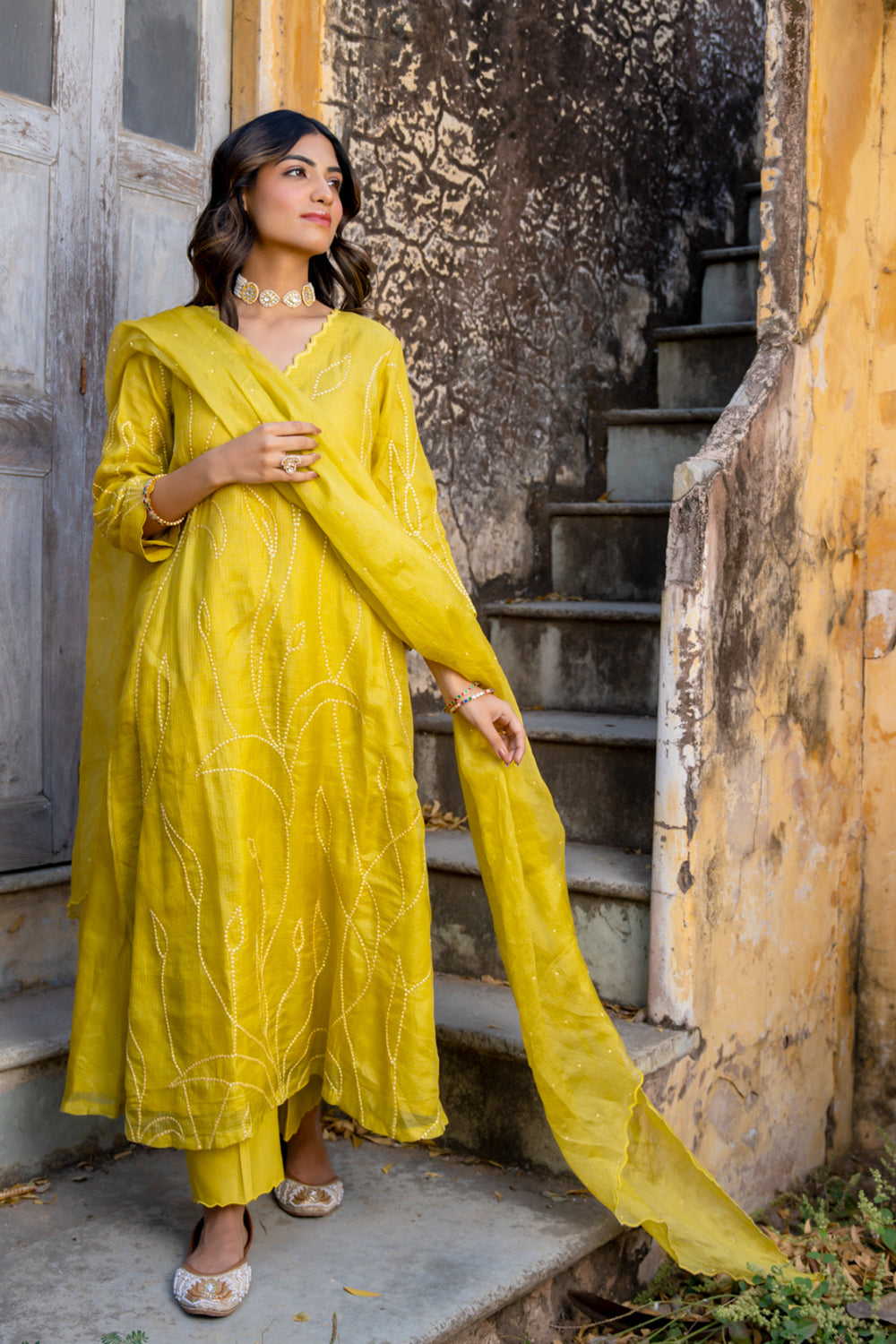 Mustard Sequins A Line Suit Set